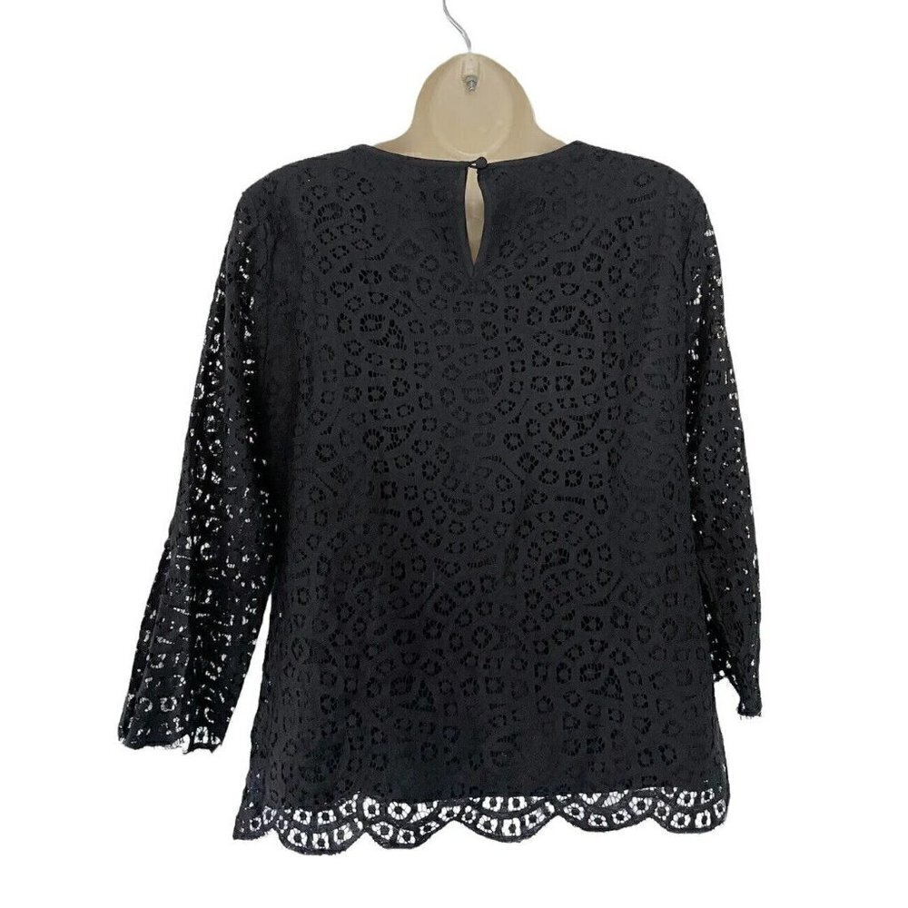 J. Crew Factory Women's Size 6 Black Scalloped Lace 3/4 Sleeve Blouse - Picture 4 of 8